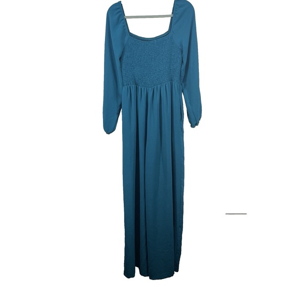 DOKOTOO Size L Teal Blue Wide Leg Jumpsuit with Pockets Smocked Balloon Sleeves - Picture 8 of 9